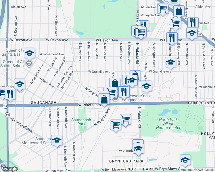 map of restaurants, bars, coffee shops, grocery stores, and more near 6119 North Keeler Avenue in Chicago