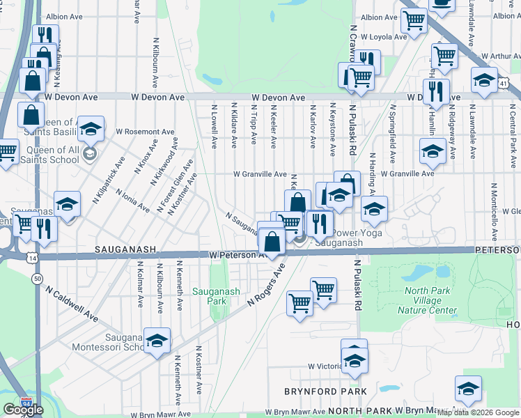 map of restaurants, bars, coffee shops, grocery stores, and more near 6114 North Tripp Avenue in Chicago