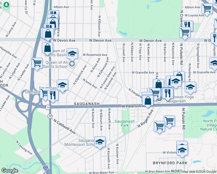 map of restaurants, bars, coffee shops, grocery stores, and more near 6140 North Kilbourn Avenue in Chicago