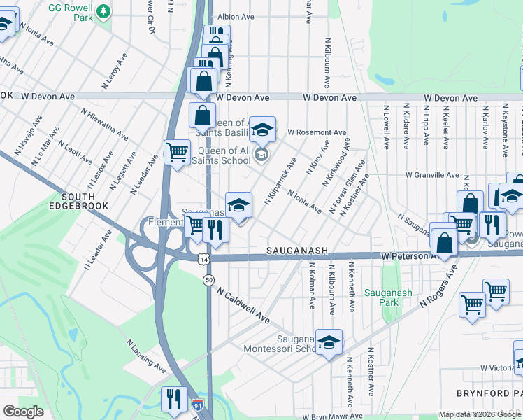 map of restaurants, bars, coffee shops, grocery stores, and more near 6161 North Lemont Avenue in Chicago