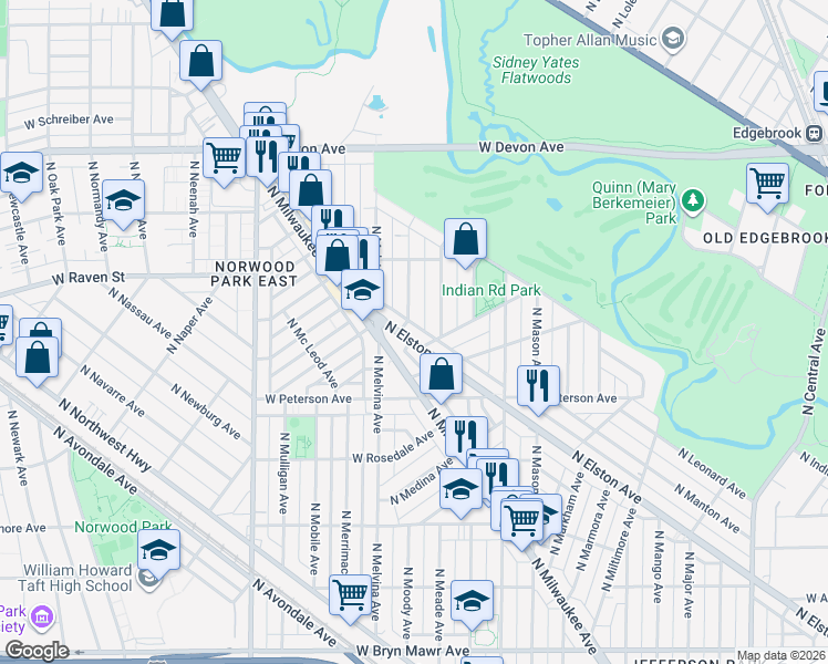 map of restaurants, bars, coffee shops, grocery stores, and more near 6117 North Moody Avenue in Chicago