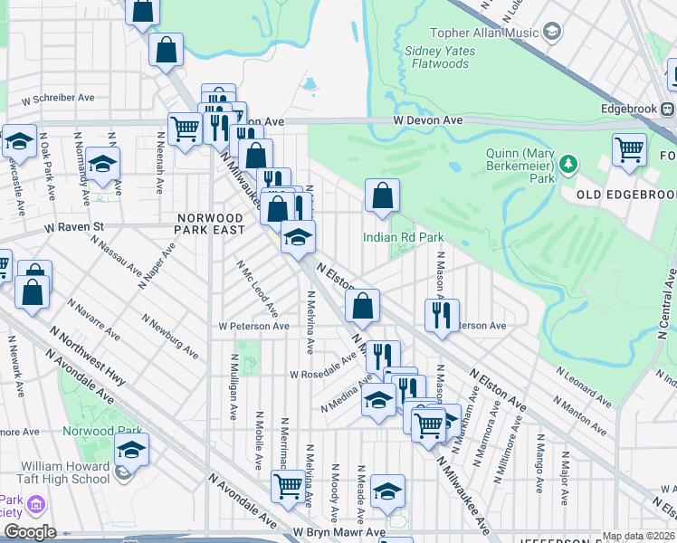 map of restaurants, bars, coffee shops, grocery stores, and more near 6117 North Moody Avenue in Chicago
