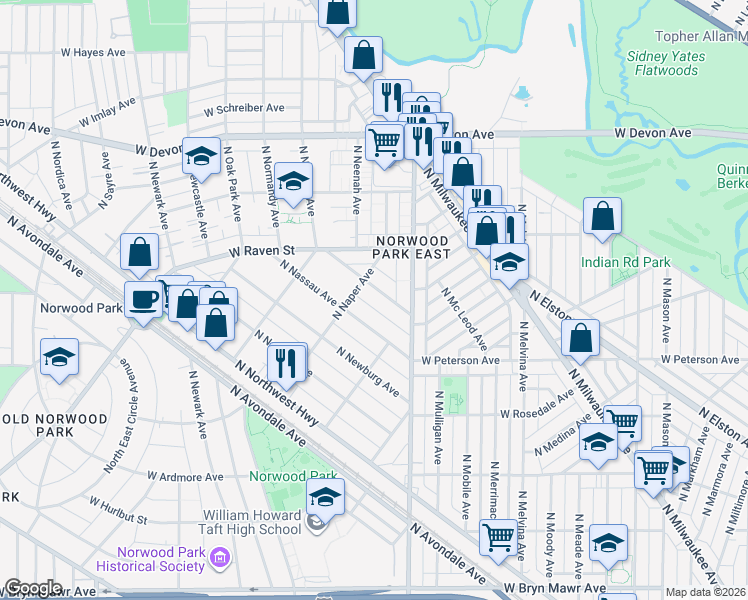 map of restaurants, bars, coffee shops, grocery stores, and more near 6083 North Naples Avenue in Chicago