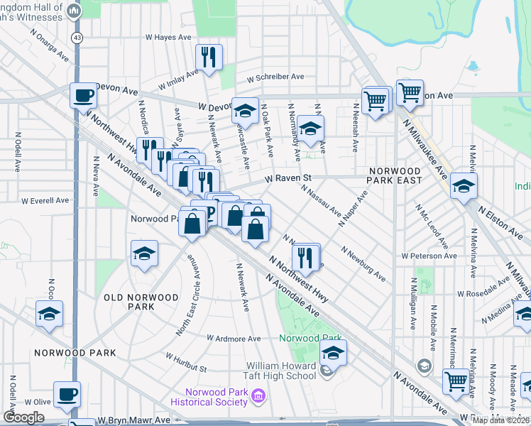map of restaurants, bars, coffee shops, grocery stores, and more near 6142 North Newburg Avenue in Chicago