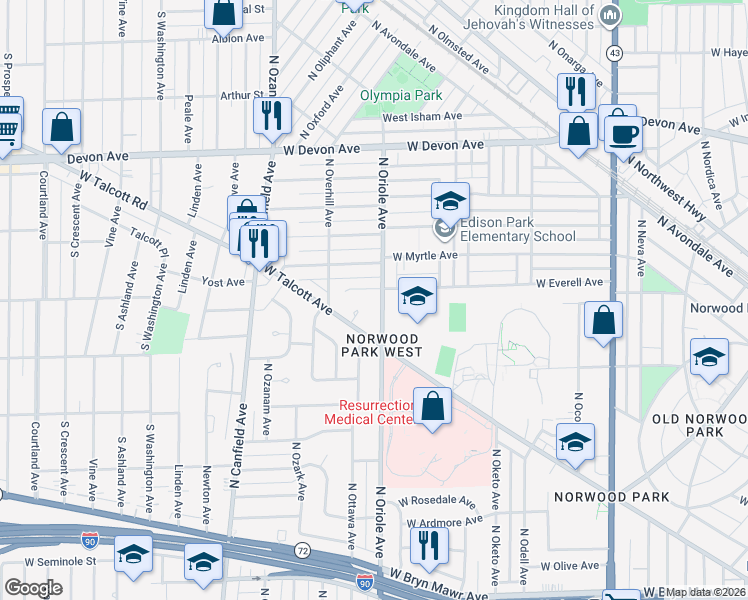 map of restaurants, bars, coffee shops, grocery stores, and more near 7618 West Everell Avenue in Chicago
