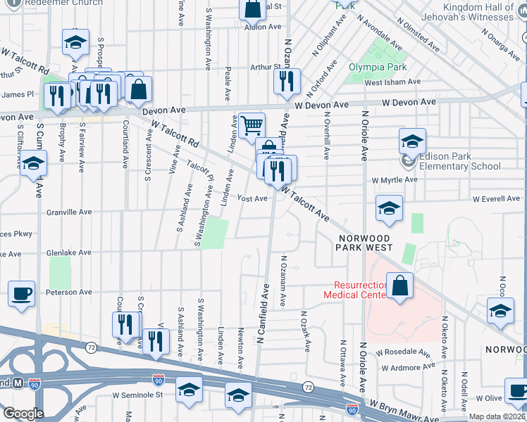 map of restaurants, bars, coffee shops, grocery stores, and more near 101 Yost Avenue in Park Ridge