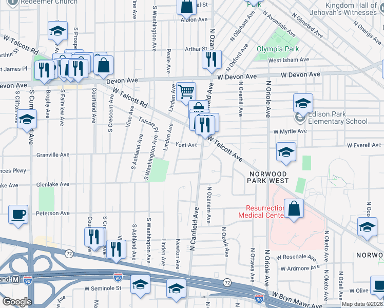 map of restaurants, bars, coffee shops, grocery stores, and more near 101 Yost Avenue in Park Ridge