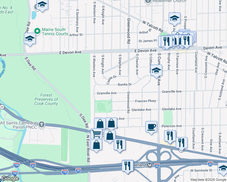map of restaurants, bars, coffee shops, grocery stores, and more near 1313 Bonita Drive in Park Ridge