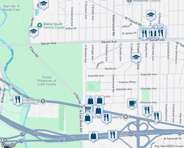 map of restaurants, bars, coffee shops, grocery stores, and more near 1425 Bonita Drive in Park Ridge