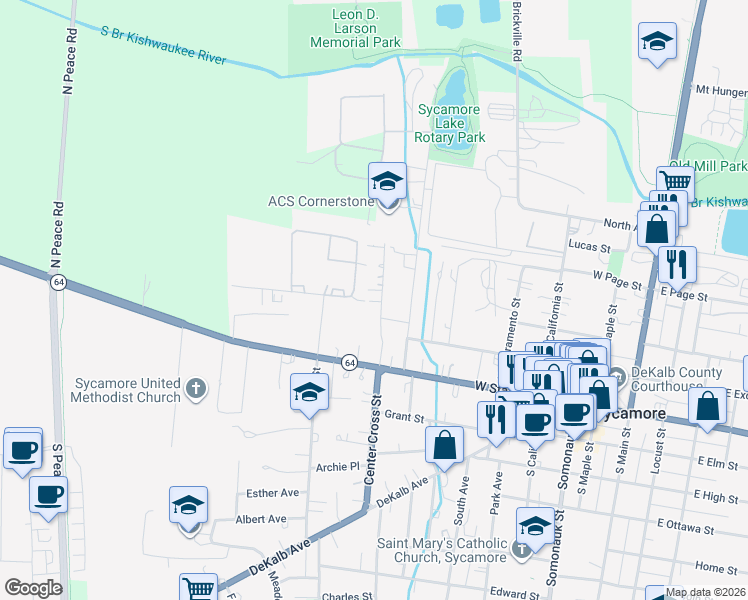 map of restaurants, bars, coffee shops, grocery stores, and more near 228 Mason Court in Sycamore