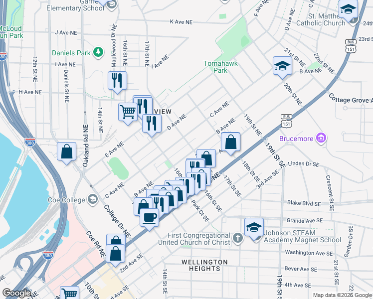 map of restaurants, bars, coffee shops, grocery stores, and more near 1639 C Avenue Northeast in Cedar Rapids