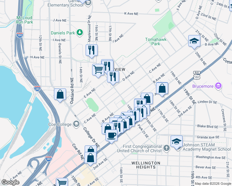 map of restaurants, bars, coffee shops, grocery stores, and more near 416 16th Street Southeast in Cedar Rapids