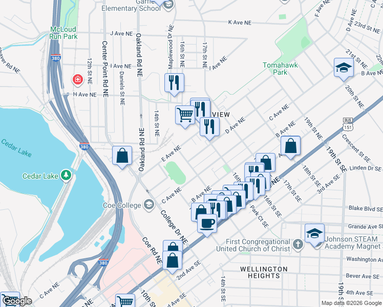 map of restaurants, bars, coffee shops, grocery stores, and more near 1509 East Avenue Northeast in Cedar Rapids
