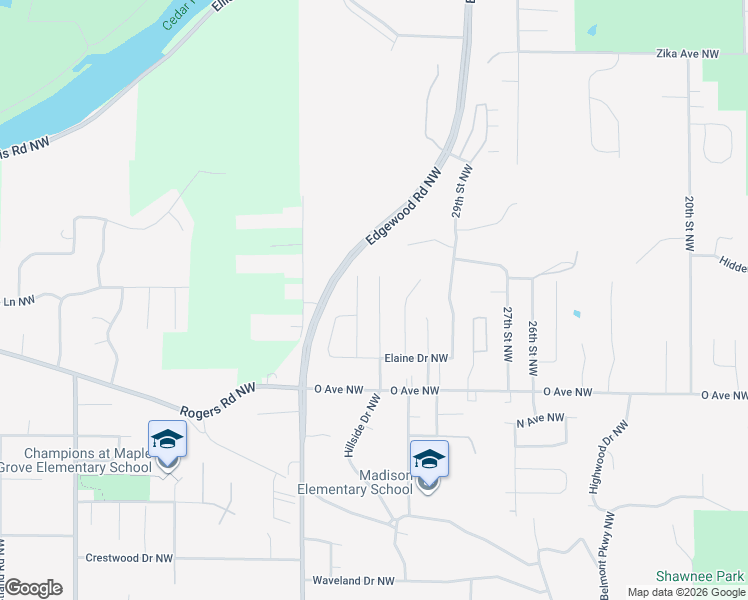 map of restaurants, bars, coffee shops, grocery stores, and more near 1730 Hillside Drive Northwest in Cedar Rapids