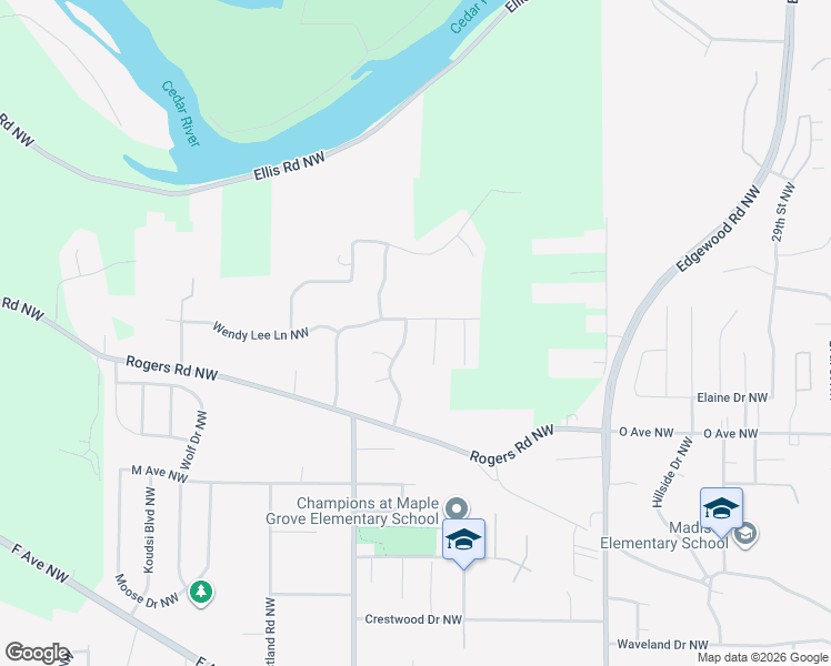 map of restaurants, bars, coffee shops, grocery stores, and more near 3916 Richland Drive Northwest in Cedar Rapids
