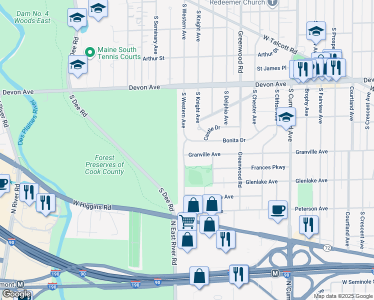 map of restaurants, bars, coffee shops, grocery stores, and more near 1455 South Western Avenue in Park Ridge