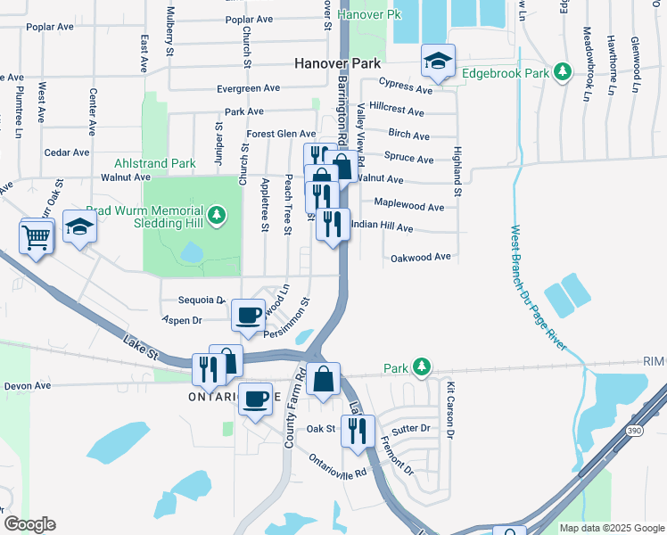 map of restaurants, bars, coffee shops, grocery stores, and more near 6614 Barrington Road in Hanover Park