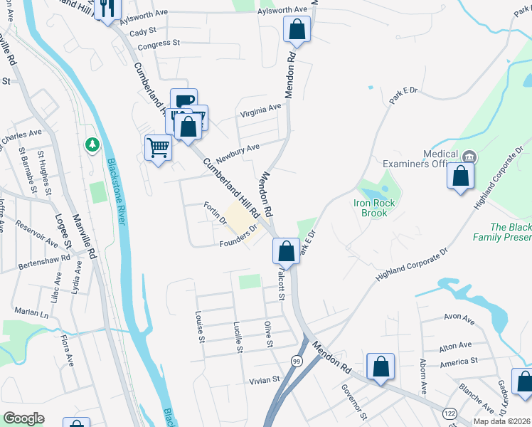 map of restaurants, bars, coffee shops, grocery stores, and more near 2075 Mendon Road in Woonsocket