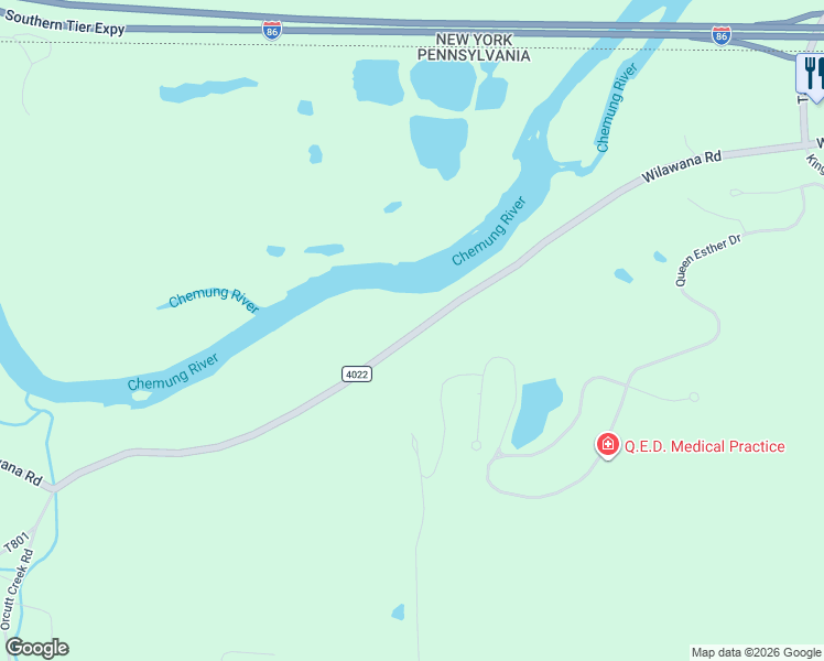 map of restaurants, bars, coffee shops, grocery stores, and more near 2065 Wilawana Road in Sayre