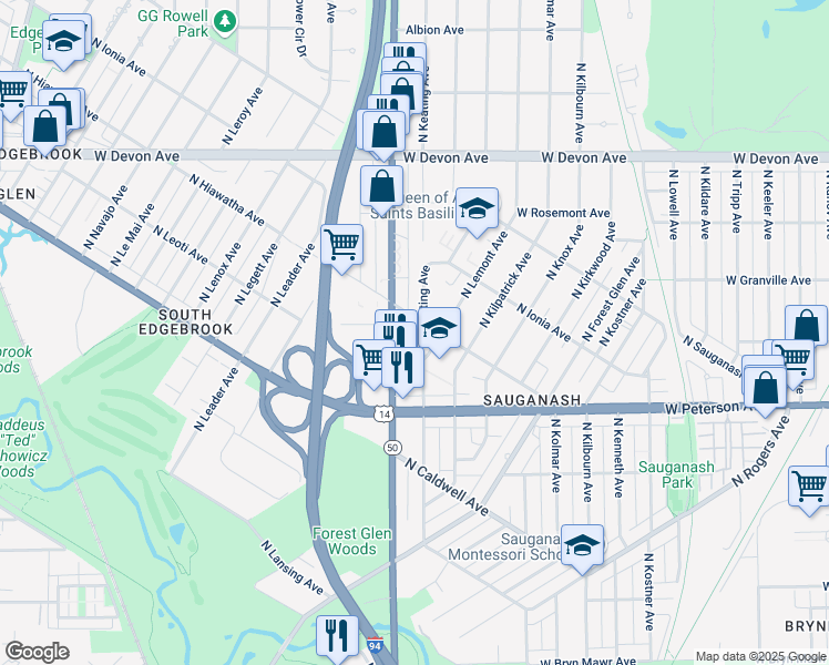 map of restaurants, bars, coffee shops, grocery stores, and more near 6135 North Keating Avenue in Chicago