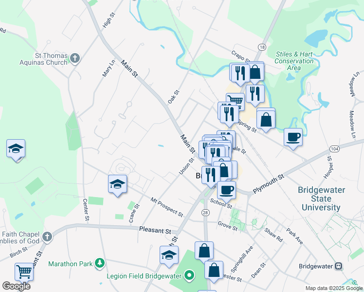map of restaurants, bars, coffee shops, grocery stores, and more near 120 Main Street in Bridgewater