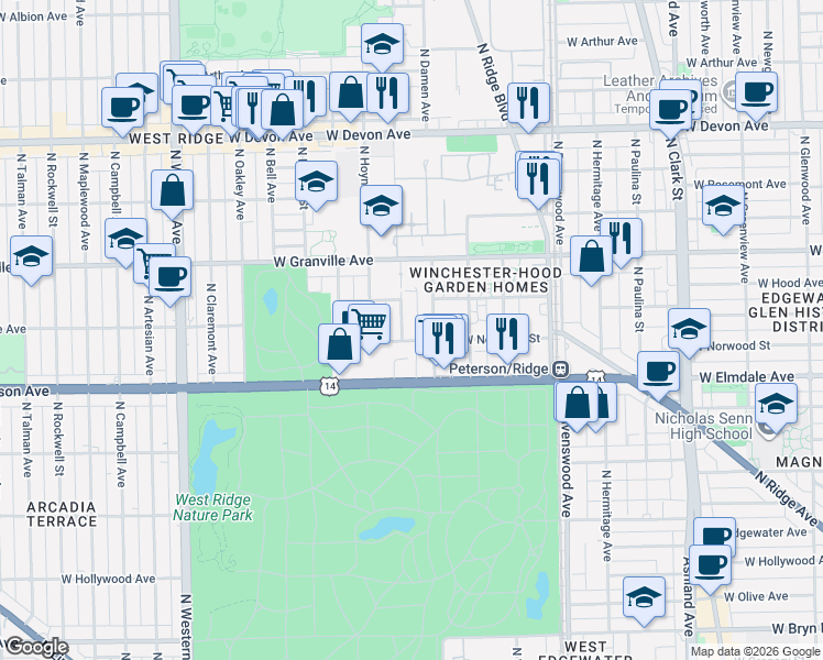 map of restaurants, bars, coffee shops, grocery stores, and more near 6107 North Seeley Avenue in Chicago