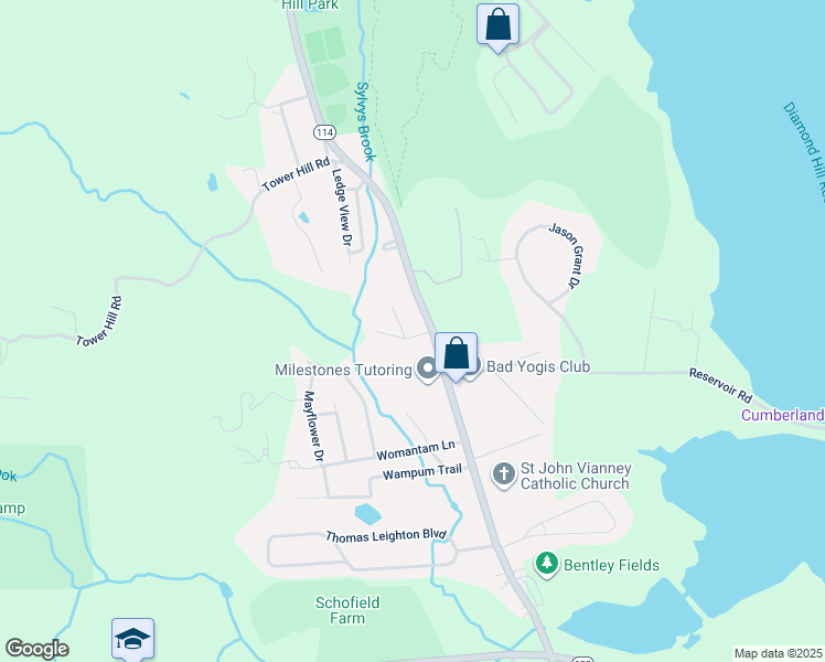 map of restaurants, bars, coffee shops, grocery stores, and more near 3 Magnolia Lane in Cumberland