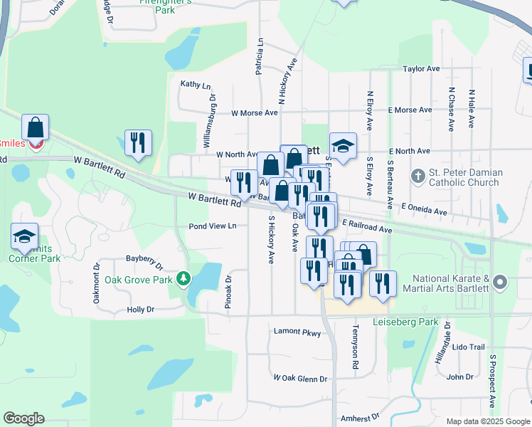 map of restaurants, bars, coffee shops, grocery stores, and more near 321 West Railroad Avenue in Bartlett