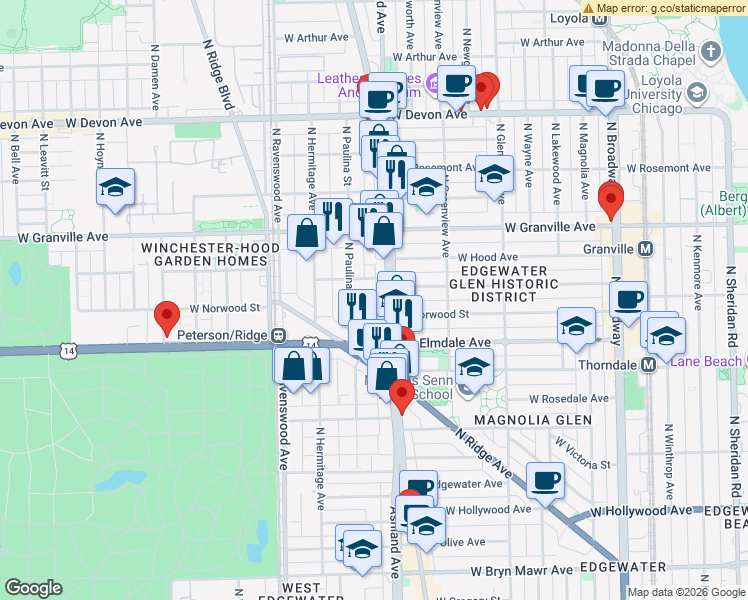 map of restaurants, bars, coffee shops, grocery stores, and more near 6058 North Clark Street in Chicago