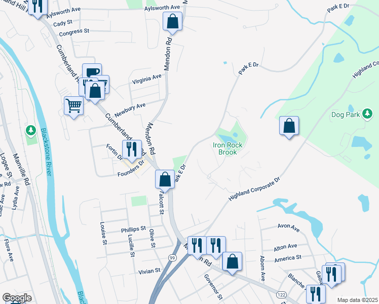 map of restaurants, bars, coffee shops, grocery stores, and more near 124-264 Park East Drive in Woonsocket