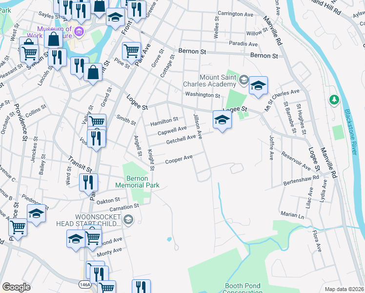 map of restaurants, bars, coffee shops, grocery stores, and more near 199 Getchell Avenue in Woonsocket