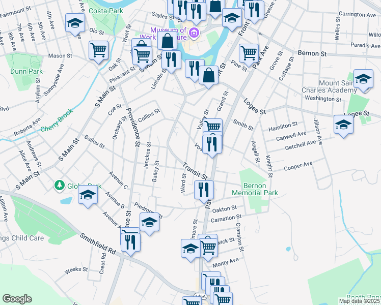 map of restaurants, bars, coffee shops, grocery stores, and more near 117 Ward Street in Woonsocket