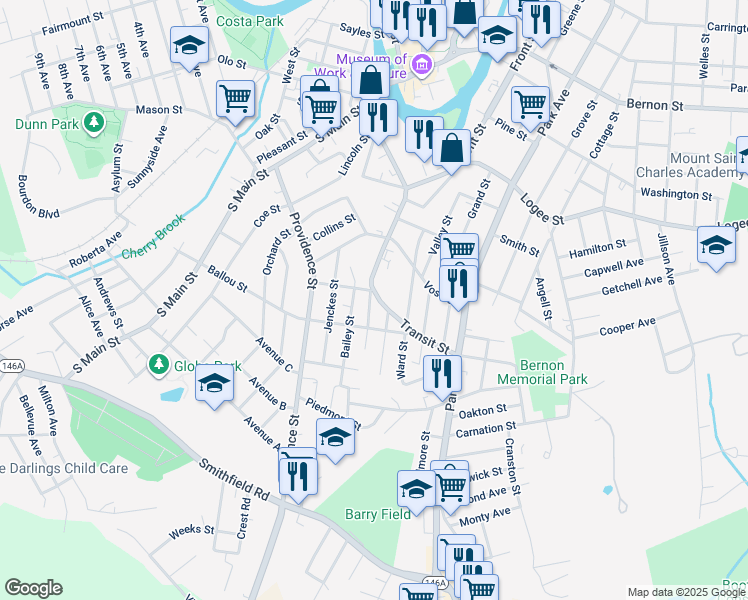 map of restaurants, bars, coffee shops, grocery stores, and more near 232 Transit Street in Woonsocket