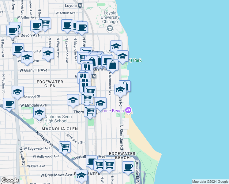 map of restaurants, bars, coffee shops, grocery stores, and more near 6106 North Kenmore Avenue in Chicago