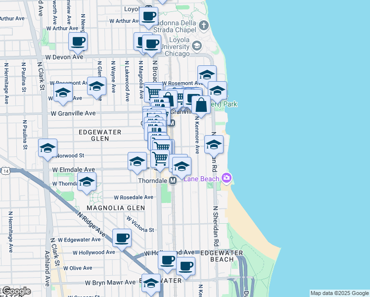 map of restaurants, bars, coffee shops, grocery stores, and more near 6102 North Winthrop Avenue in Chicago