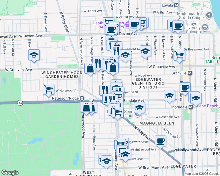 map of restaurants, bars, coffee shops, grocery stores, and more near 6058 North Clark Street in Chicago
