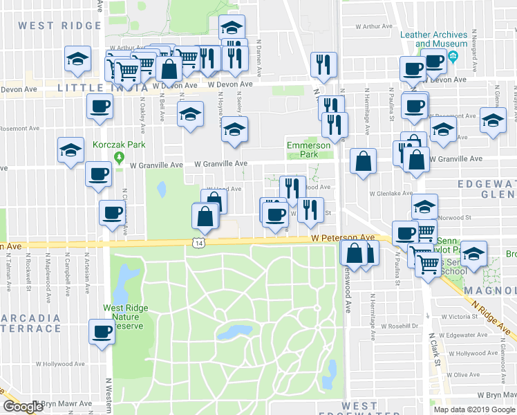 map of restaurants, bars, coffee shops, grocery stores, and more near 6121 North Damen Avenue in Chicago