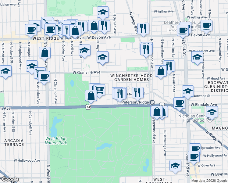 map of restaurants, bars, coffee shops, grocery stores, and more near 6117 North Seeley Avenue in Chicago