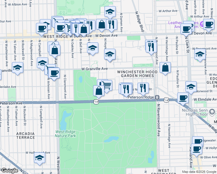 map of restaurants, bars, coffee shops, grocery stores, and more near 6120 North Hoyne Avenue in Chicago