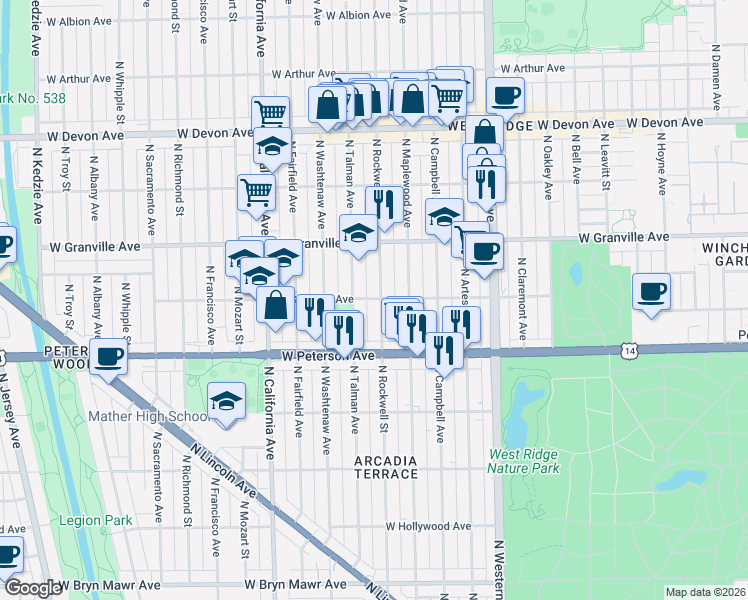 map of restaurants, bars, coffee shops, grocery stores, and more near 6107 North Rockwell Street in Chicago