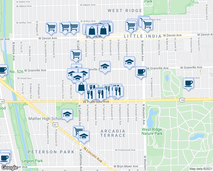 map of restaurants, bars, coffee shops, grocery stores, and more near 6108 North Talman Avenue in Chicago