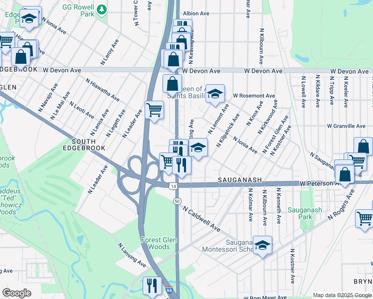 map of restaurants, bars, coffee shops, grocery stores, and more near 6135 North Keating Avenue in Chicago