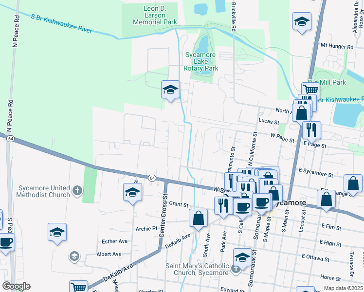 map of restaurants, bars, coffee shops, grocery stores, and more near 246 North Cross Street in Sycamore