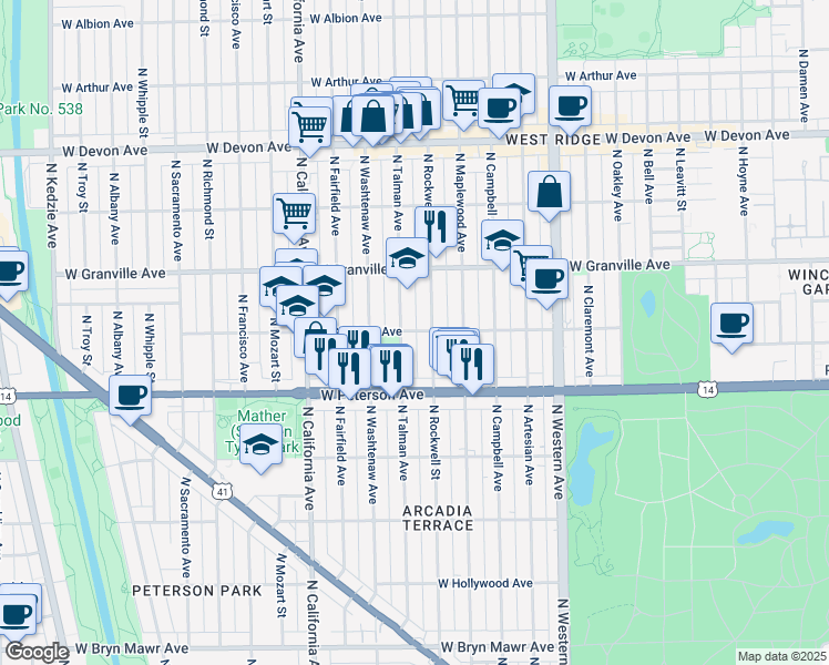 map of restaurants, bars, coffee shops, grocery stores, and more near 6108 North Talman Avenue in Chicago