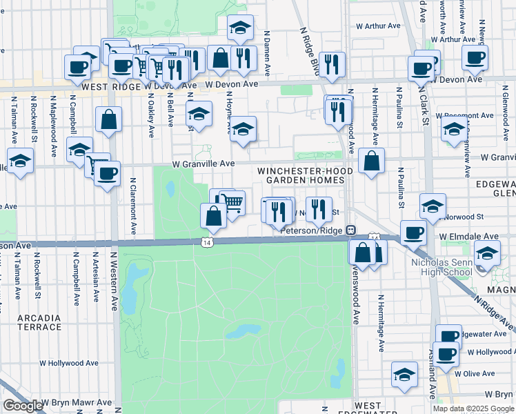 map of restaurants, bars, coffee shops, grocery stores, and more near 6107 North Seeley Avenue in Chicago