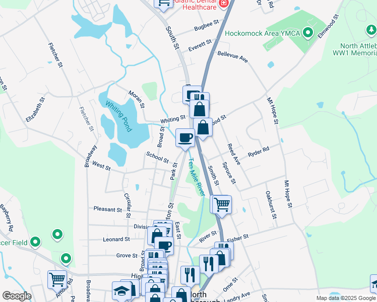 map of restaurants, bars, coffee shops, grocery stores, and more near 335 North Washington Street in North Attleborough