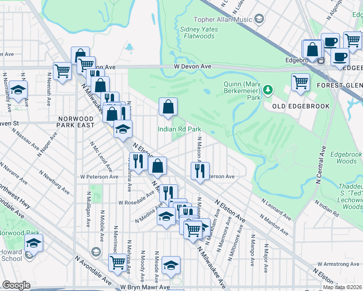 map of restaurants, bars, coffee shops, grocery stores, and more near 6021 West Matson Avenue in Chicago