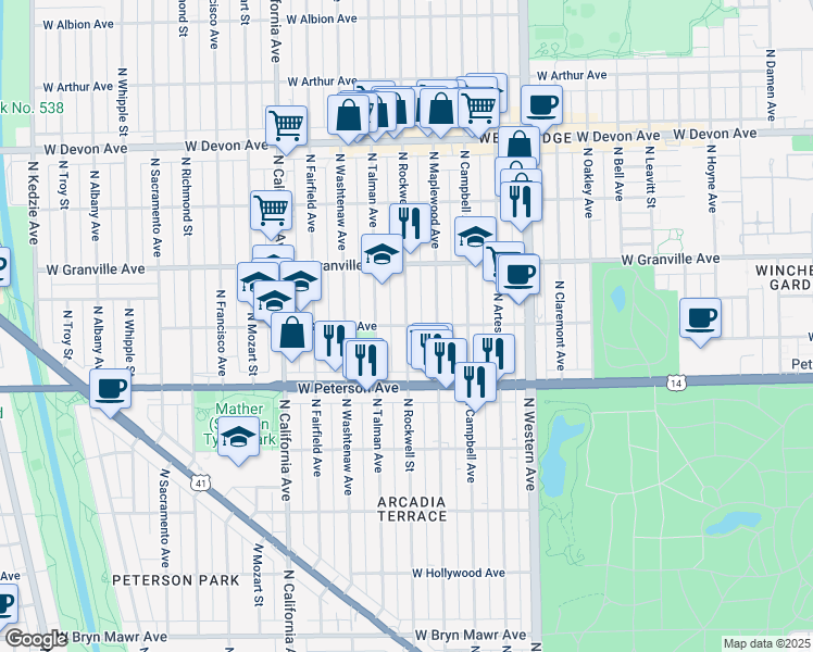 map of restaurants, bars, coffee shops, grocery stores, and more near North Rockwell Street & West Glenlake Avenue in Chicago