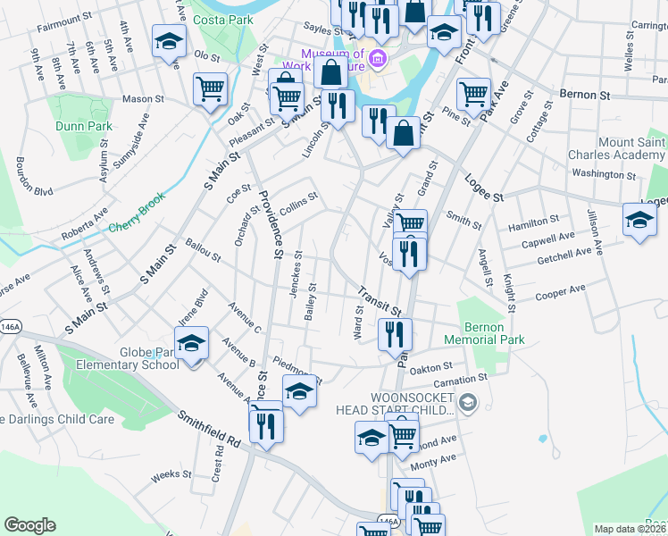map of restaurants, bars, coffee shops, grocery stores, and more near 232 Transit Street in Woonsocket