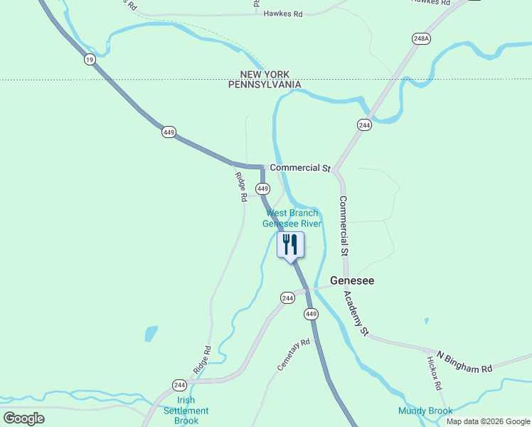 map of restaurants, bars, coffee shops, grocery stores, and more near 353 Main Street in Genesee
